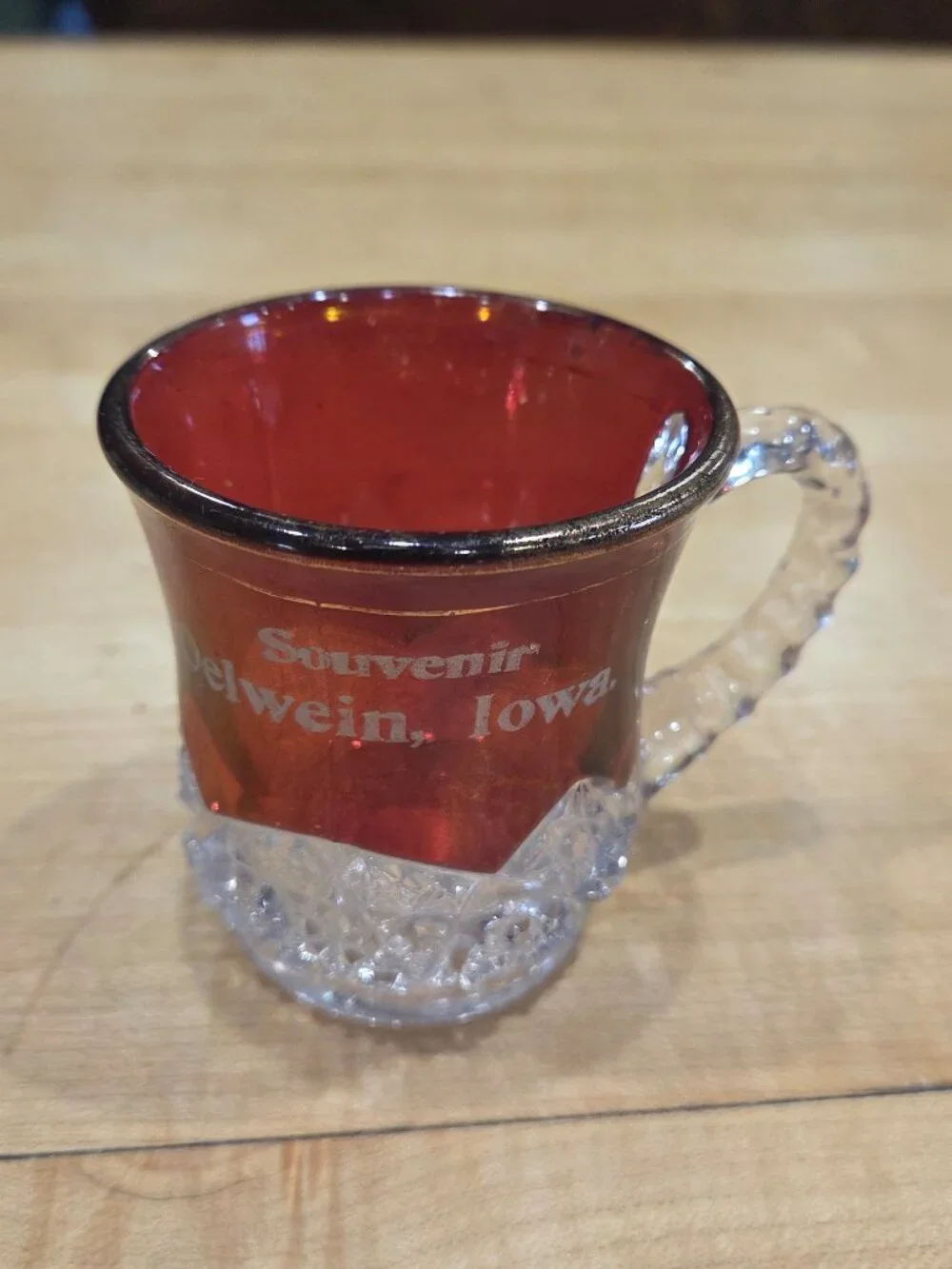 Antique EAPG Indiana Glass Ruby Stained Souvenir Mug Oelwein Iowa